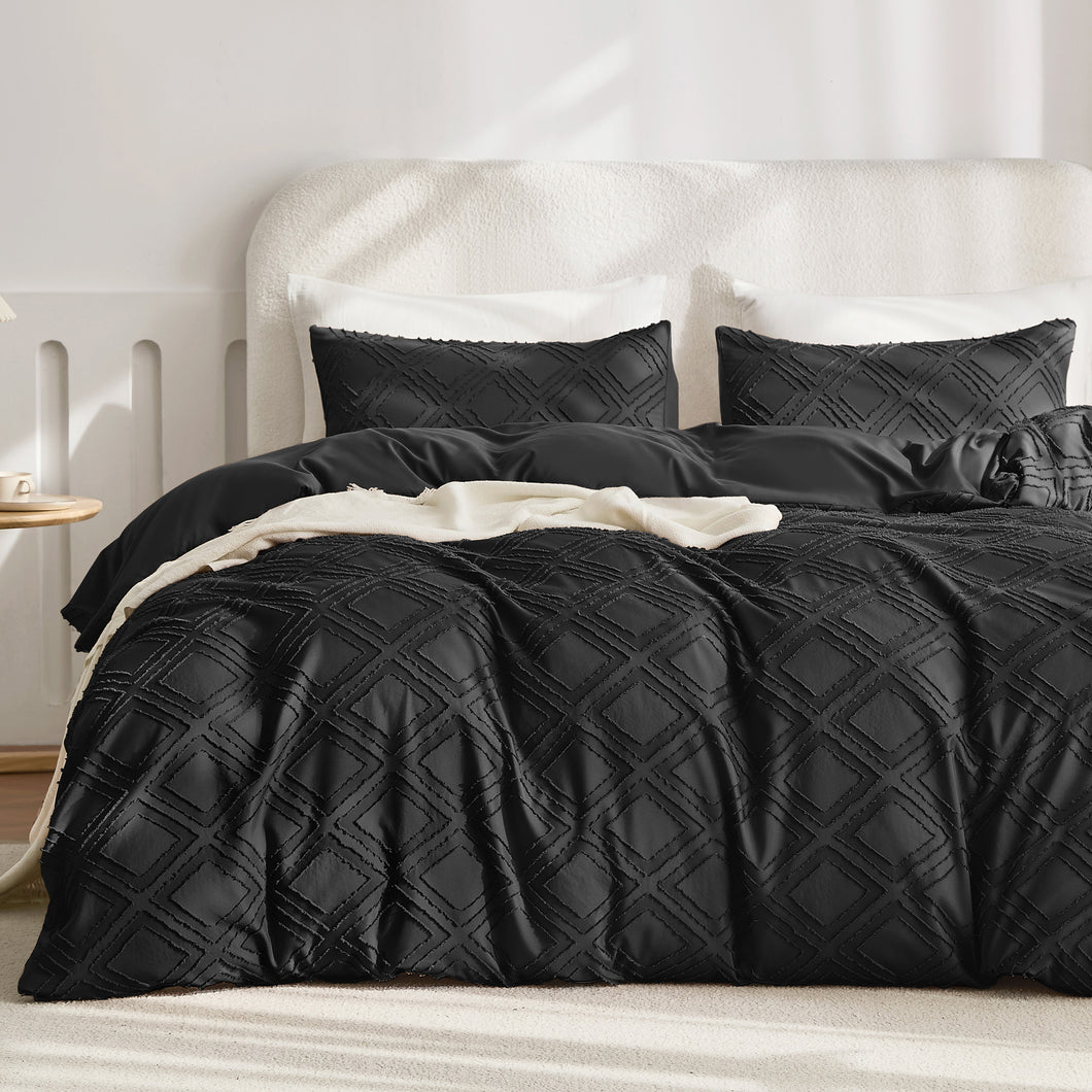 JELLYMONI Microfiber Tufted Duvet Cover Set - Boho Textured Jacquard Rhombus Geometric Pattern Duvet Cover with Corner Ties, Zipper Closure & Luxurious Bedding Design