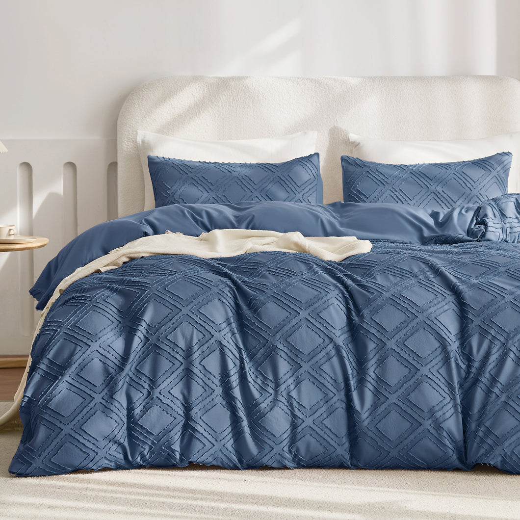 JELLYMONI Microfiber Tufted Duvet Cover Set - Boho Textured Jacquard Rhomboid Geometric Pattern Duvet Cover with Corner Ties, Zipper Closure & Luxurious Bedding Design