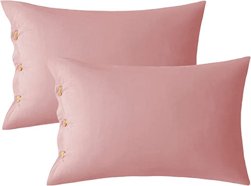 Washed Cotton Pink Pillowcases Set with Button Closure（2 Pack） - JELLYMONI