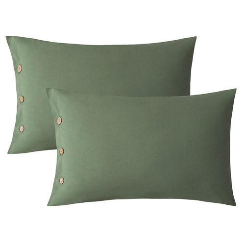 Washed Cotton Green Pillowcases Set with Button Closure（2 Pack） - JELLYMONI