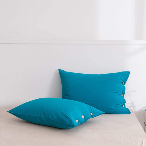 Washed Cotton Teal Pillowcases Set with Button Closure（2 Pack） - JELLYMONI