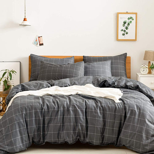 Natural Cotton Plaid Duvet Cover Sets Black with White Grid - JELLYMONI