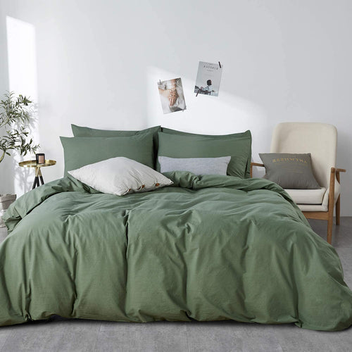 Washed Cotton Duvet Cover Set Green with Zipper Closure - JELLYMONI