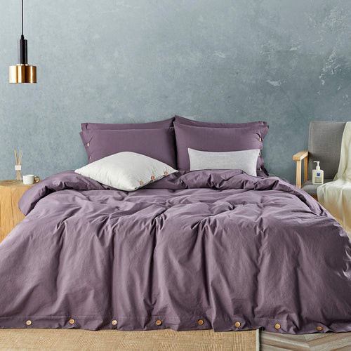 Washed Cotton Duvet Cover Set Purple with Button Closure - JELLYMONI