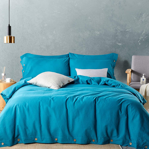 Washed Cotton Duvet Cover Set Teal with Button Closure - JELLYMONI