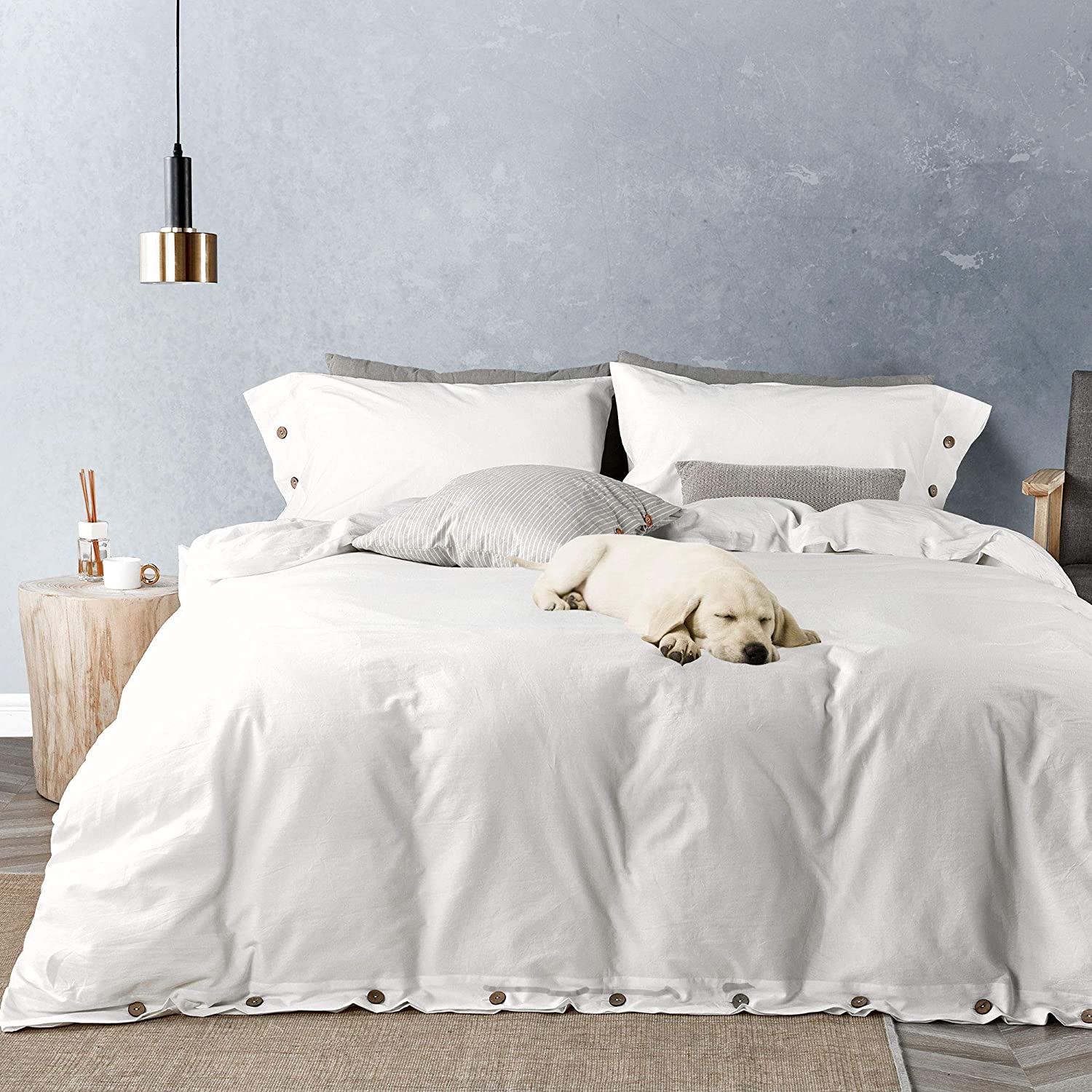 Washed Cotton Duvet Cover Set Pure White with Button Closure