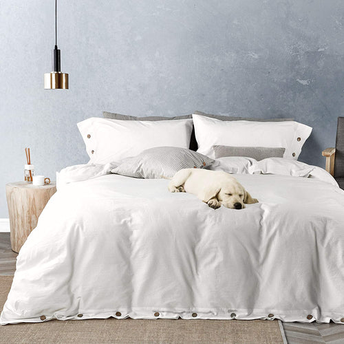 Washed Cotton Duvet Cover Set Pure White with Button Closure - JELLYMONI