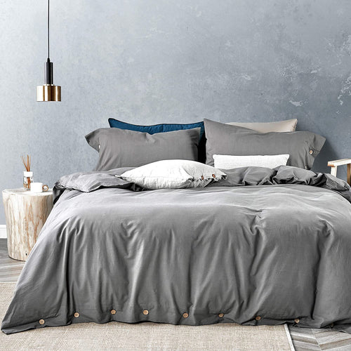 Washed Cotton Duvet Cover Set Grey with Button Closure - JELLYMONI