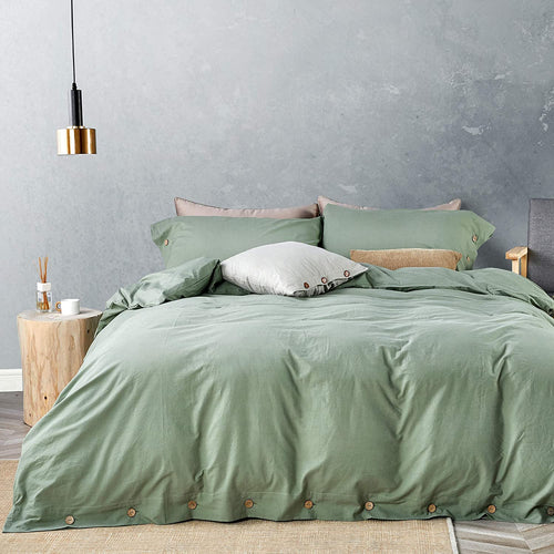 Washed Cotton Duvet Cover Set Green with Button Closure - JELLYMONI