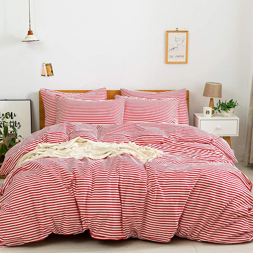 Natural Cotton Red Striped Duvet Cover Sets - JELLYMONI