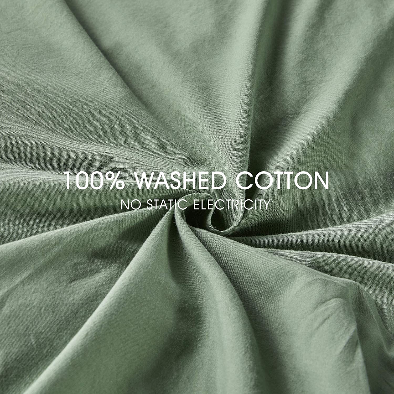 Washed Cotton Duvet Cover Set Green with Button Closure
