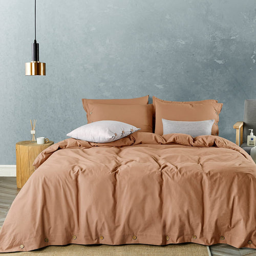 Washed Cotton Duvet Cover Set Rust with Button Closure - JELLYMONI